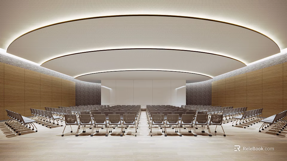Spacious Conference Room With Curved Ceiling Wooden Walls And Neatly Arranged Seats 3d model 