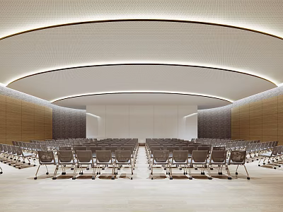 Spacious Conference Room With Curved Ceiling Wooden Walls And Neatly Arranged Seats 3d model