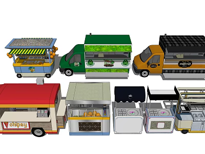 Colorful Mobile Food Trucks Featuring Various Designs Awning And Street Food Services 3d model