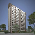 Modern High Rise Residential Building With Trees Around And Balconies On Facade