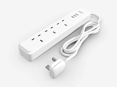 White Modern Power Strip With Multiple Sockets Power Cord And Plug For Home Use 3d model