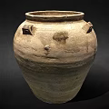 Ancient Pottery Jar With Textured Surface Square Handles And Worn Details Against Dark Background