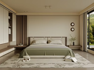 Modern Bedroom Interior Design With Green Bedspread Beige Walls Circular Decorations And Large Window 3d model