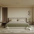 Modern Bedroom Interior Design With Green Bedspread Beige Walls Circular Decorations And Large Window