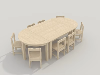Oval Wooden Kids Table With Six Matching Chairs For Children's Room 3d model