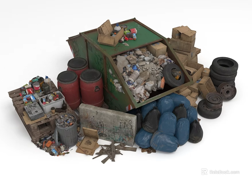 Waste Collection Site With Green Dumpster Red Barrels Tires Cardboard Boxes Blue Bags Metal Scraps 3d model 