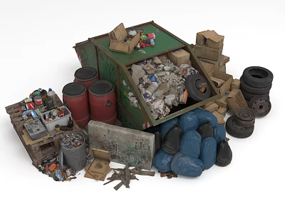 Waste Collection Site With Green Dumpster Red Barrels Tires Cardboard Boxes Blue Bags Metal Scraps 3d model