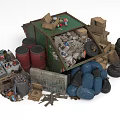 Waste Collection Site With Green Dumpster Red Barrels Tires Cardboard Boxes Blue Bags Metal Scraps