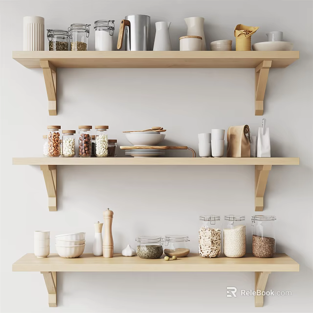 Organized Kitchen Wooden Shelves With Utensils Jars Bowls Cups Mortar And Spoon 3d model 