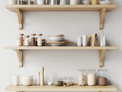 Organized Kitchen Wooden Shelves With Utensils Jars Bowls Cups Mortar And Spoon 3d model