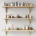 Organized Kitchen Wooden Shelves With Utensils Jars Bowls Cups Mortar And Spoon
