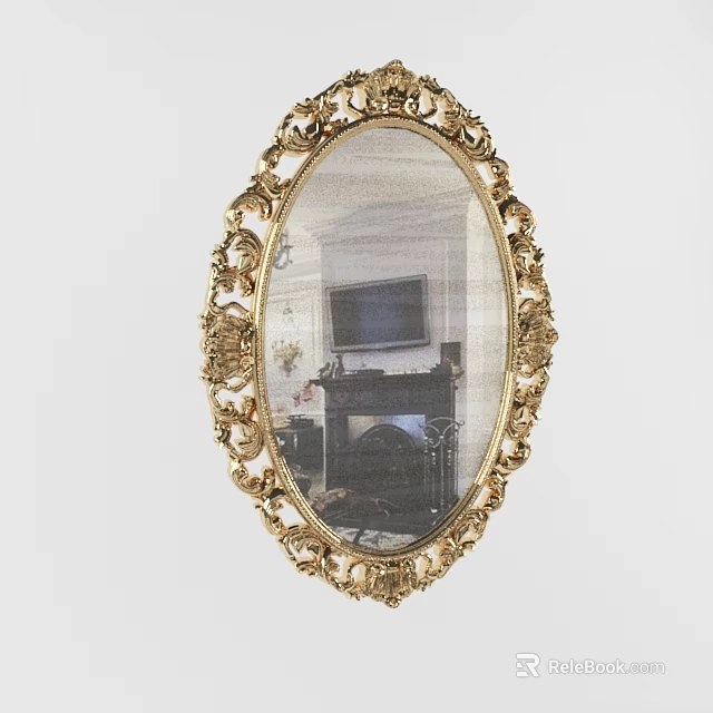Ornate Gold Oval Mirror Reflecting Living Room With Fireplace And TV 3d model 
