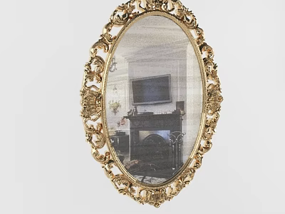 Ornate Gold Oval Mirror Reflecting Living Room With Fireplace And TV 3d model