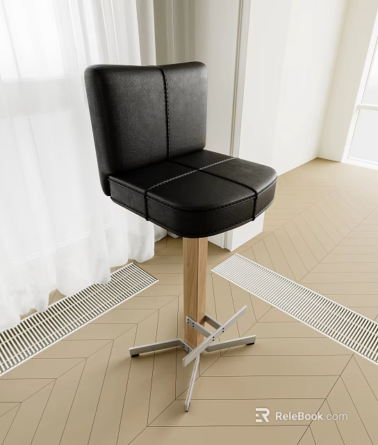 Black Leather Bar Stool With Stitched Design Wooden Pedestal And Metal Frame In Modern Interior 3d model 