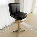Black Leather Bar Stool With Stitched Design Wooden Pedestal And Metal Frame In Modern Interior
