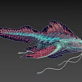 Mythical Aquatic Creature with Blue and Pink Coloration Sharp Teeth Fins and Tentacles