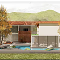 Scenic Mountain View Guesthouse Building With Red Roof White Walls Wooden Door And Swimming Pool
