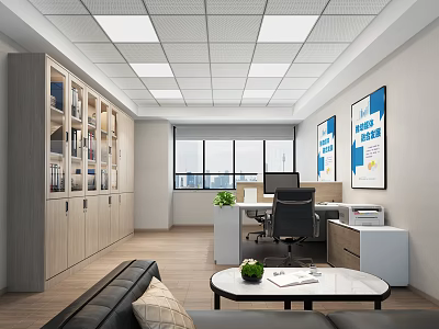 Modern Office Interior With Bookshelves Window Desk Sofa Coffee Table And Posters 3d model