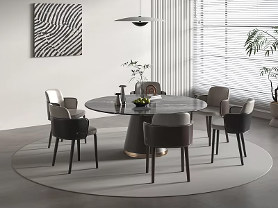 Round Modern Dining Table With Gray Beige Chairs Black White Striped Painting Pendant Light 3d model