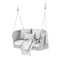 Cozy Wicker Hanging Chair With Gray Cushions And Brown Throw Blanket Design