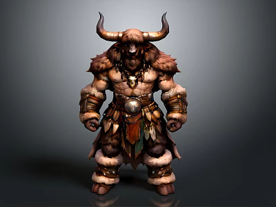 Mythical Horned Man With Muscular Build Fur Armor And Feather Decorations 3d model