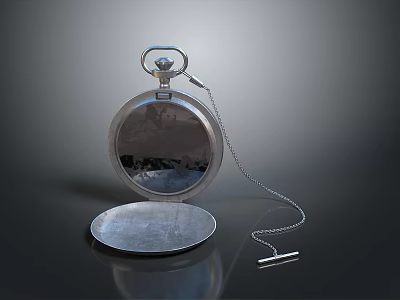 Silver Open Pocket Watch With Chain On Smooth Reflective Surface 3d model