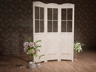 White Three Panel Folding Room Divider with Glass Panes and Flowers on Wooden Floor 3d model
