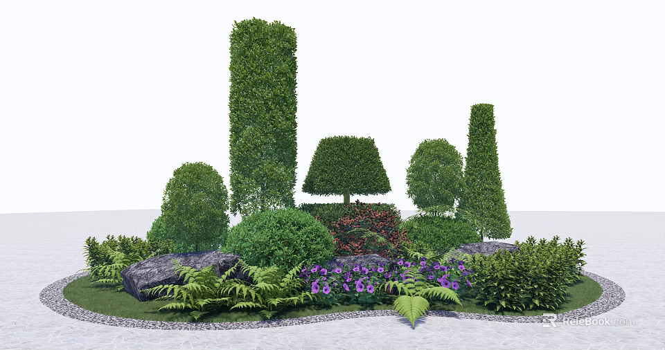Shaped Garden Shrubs With Various Forms Rocks Purple Flowers And Ferns 3d model 