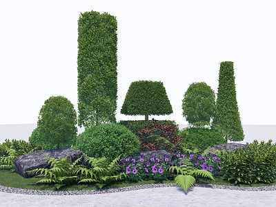Shaped Garden Shrubs With Various Forms Rocks Purple Flowers And Ferns 3d model