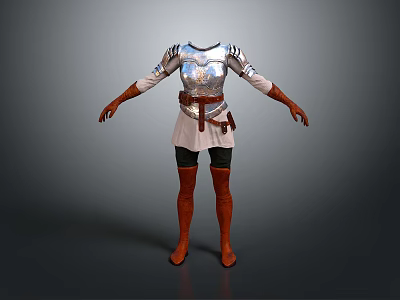 Medieval Costume With Silver Armor White Tunic Brown Belt And Red Boots 3d model