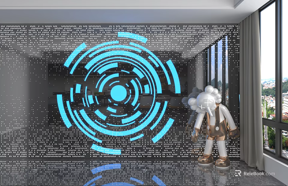 Contemporary Wall Panel With Blue Illuminated Circular Design White Sculpture And Reflective Floor 3d model 