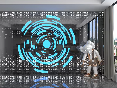 Contemporary Wall Panel With Blue Illuminated Circular Design White Sculpture And Reflective Floor 3d model