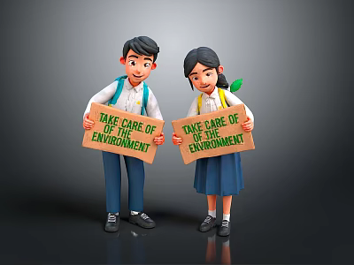 Children With Schoolbags Holding Take Care Of The Environment Signs 3d model