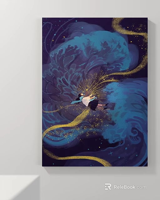 Abstract Painting With Blue Swirls Gold Lines And Radiant Light Center 3d model 