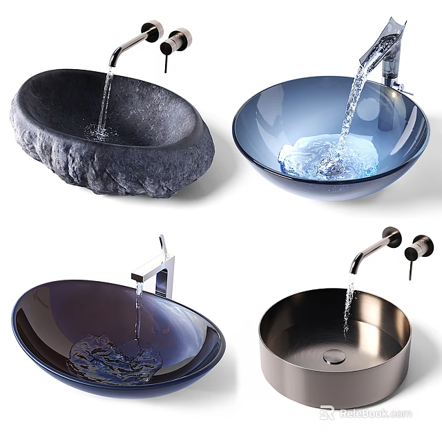 Various Stylish Washbasin Designs Featuring Stone Glass and Metal with Faucet Water Flow 3d model 