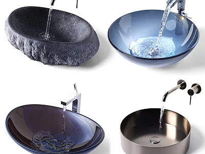Various Stylish Washbasin Designs Featuring Stone Glass and Metal with Faucet Water Flow 3d model