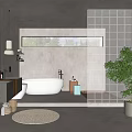 Modern Bathroom Interior With Glass Block Wall White Bathtub Wooden Vanity And Green Plant