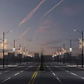 Evening Public Street Lights With Blue Star Shaped Ribbon Decorations And Urban Skyline