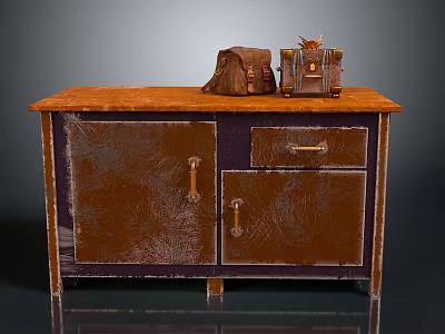 Brown Shoe Cabinet With Doors Drawer And Top Displaying Backpack And Suitcase 3d model
