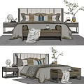 Elegant Double Bed With Decorative Pillows Bench And Bedside Tables With Lamp 3d model