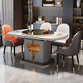 Modern Dining Table Set with Marble Tabletop Orange Pink Chairs Gold Legs and City View