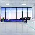 Modern Office Reception Area with White Reception Desk Professional Staff Company Logo and Green Plant