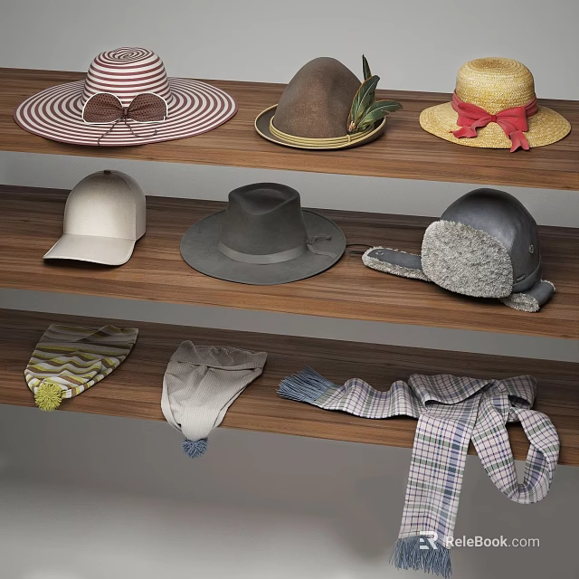 Wooden Dining Table With Shelves Displaying Various Hats And Scarves In Different Styles 3d model 