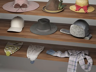 Wooden Dining Table With Shelves Displaying Various Hats And Scarves In Different Styles 3d model