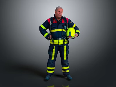 A Man in Firefighter Uniform with Hands on Hips Holding Yellow Helmet Against Grey Background 3d model