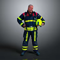 A Man in Firefighter Uniform with Hands on Hips Holding Yellow Helmet Against Grey Background