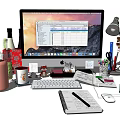 Organized Office Desk Workstation With Computer Keyboard Mouse Notebook And Stationery 3d model