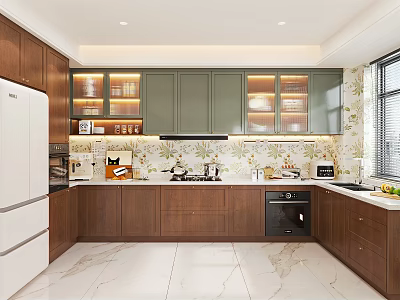 Modern Kitchen Interior With Wooden Green Cabinets Marble Countertops Patterned Backsplash And Appliances 3d model