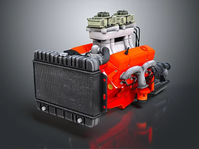 Orange And Black Automotive Engine With Radiator Pipes And Cylinder Heads 3d model