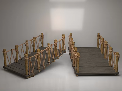 Two Scenic Wooden Rope Bridges With Wooden Posts And Plank Design 3d model